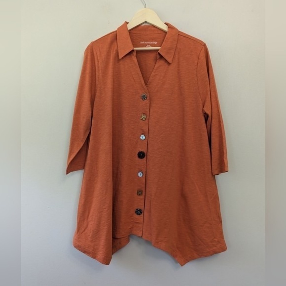 Soft Surroundings Orange Cotton Mixed Button Front Top Artsy XL Lagenlook